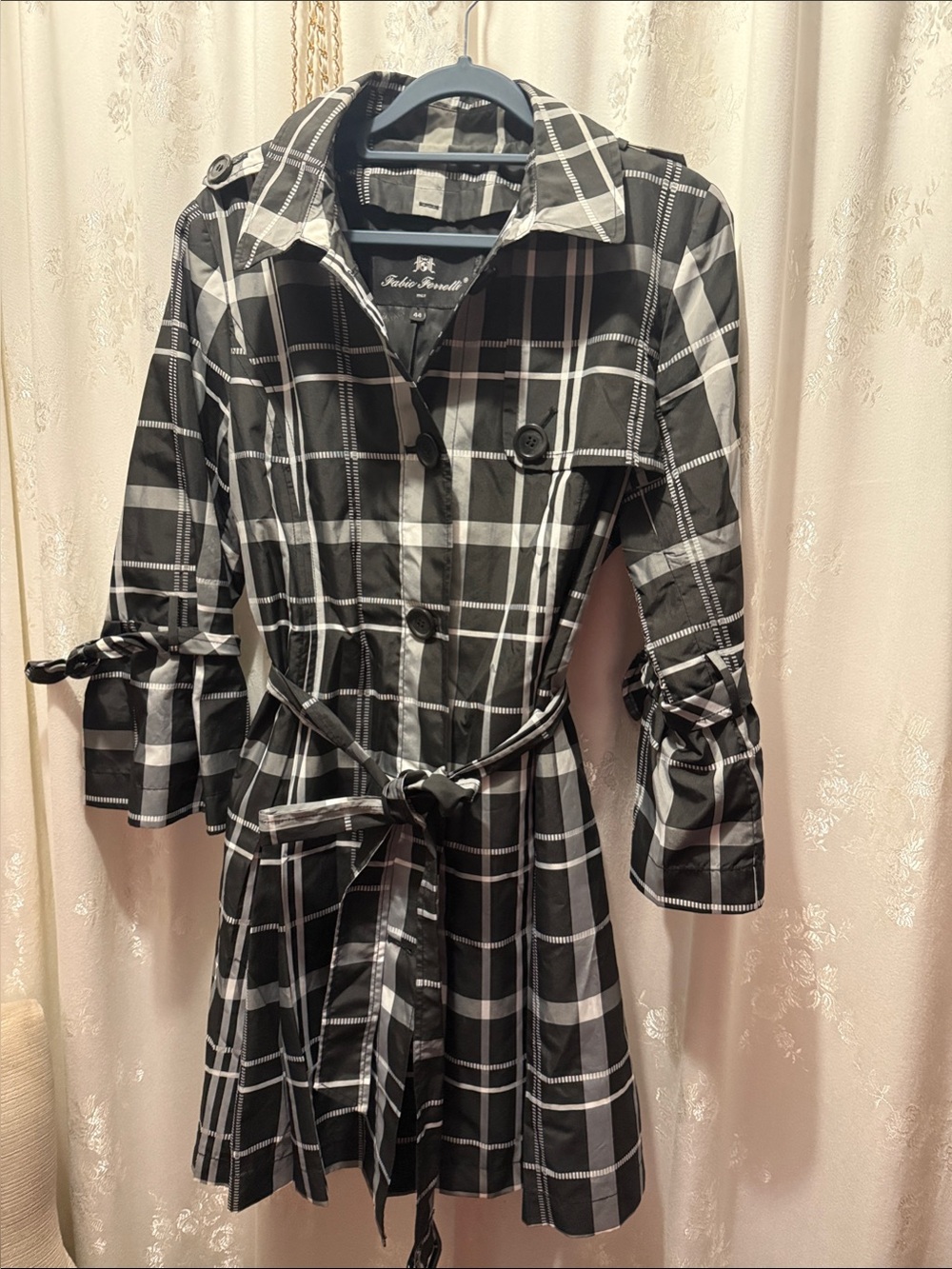 Black & White Plaid Trench Coat with Tie Belt